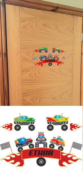 Personalised Custom Monster Truck Name Door Sticker Wall Decal Boy Bedroom Flag