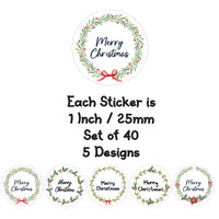 40 Merry Christmas Stickers Labels Holly Wreath Happy Self Adhesive Circle Gift