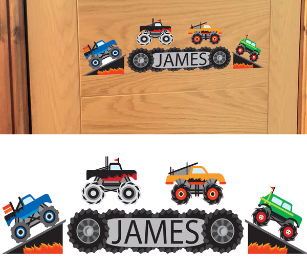 Personalised Custom Monster Truck Name Door Sticker Wall Decal Boy Bedroom Flag